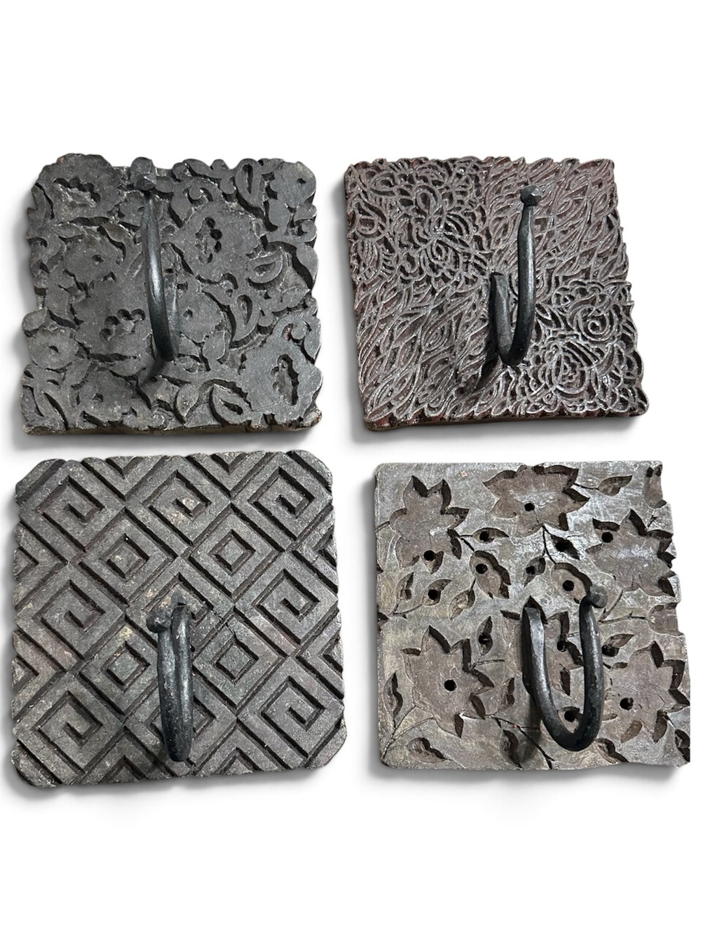 Vintage Indian Carved Wood Textile Stamp Wall Hooks • Set of 4 • Boho Home Decor